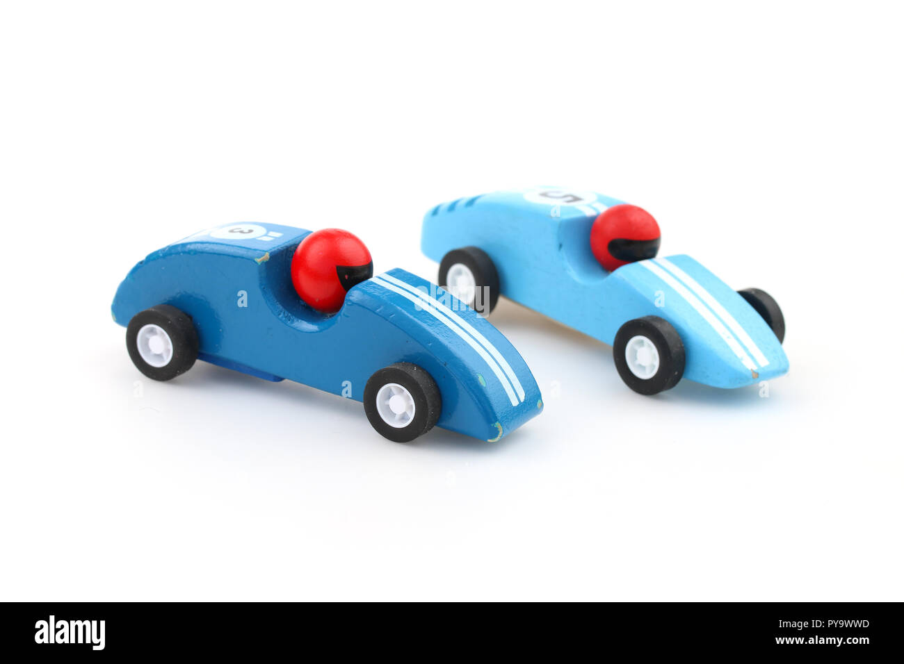 Two blue toy race cars isolated on white Stock Photo