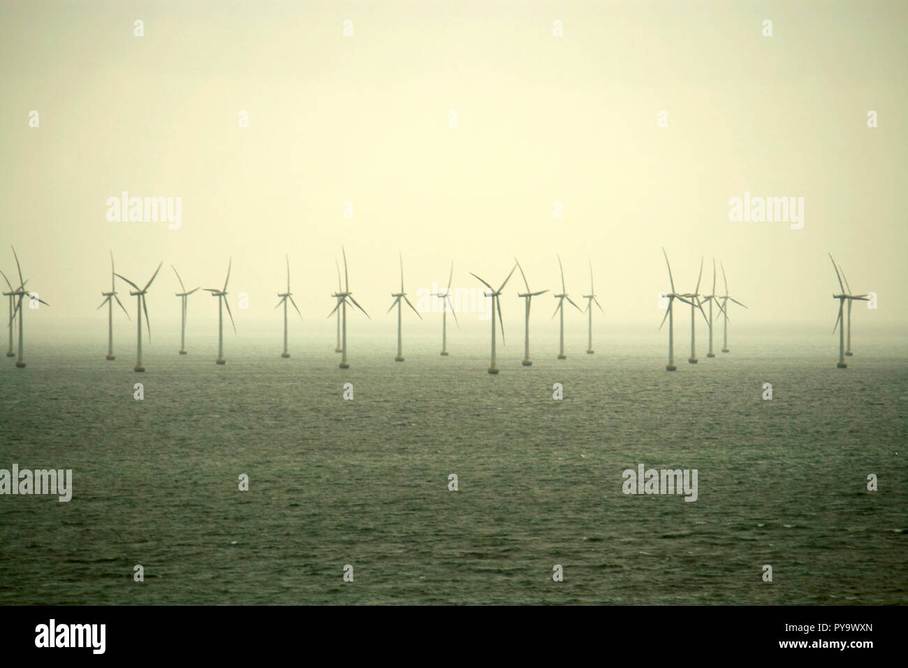 Wind turbines at sea creating alternative energy in the fight of global warming Stock Photo