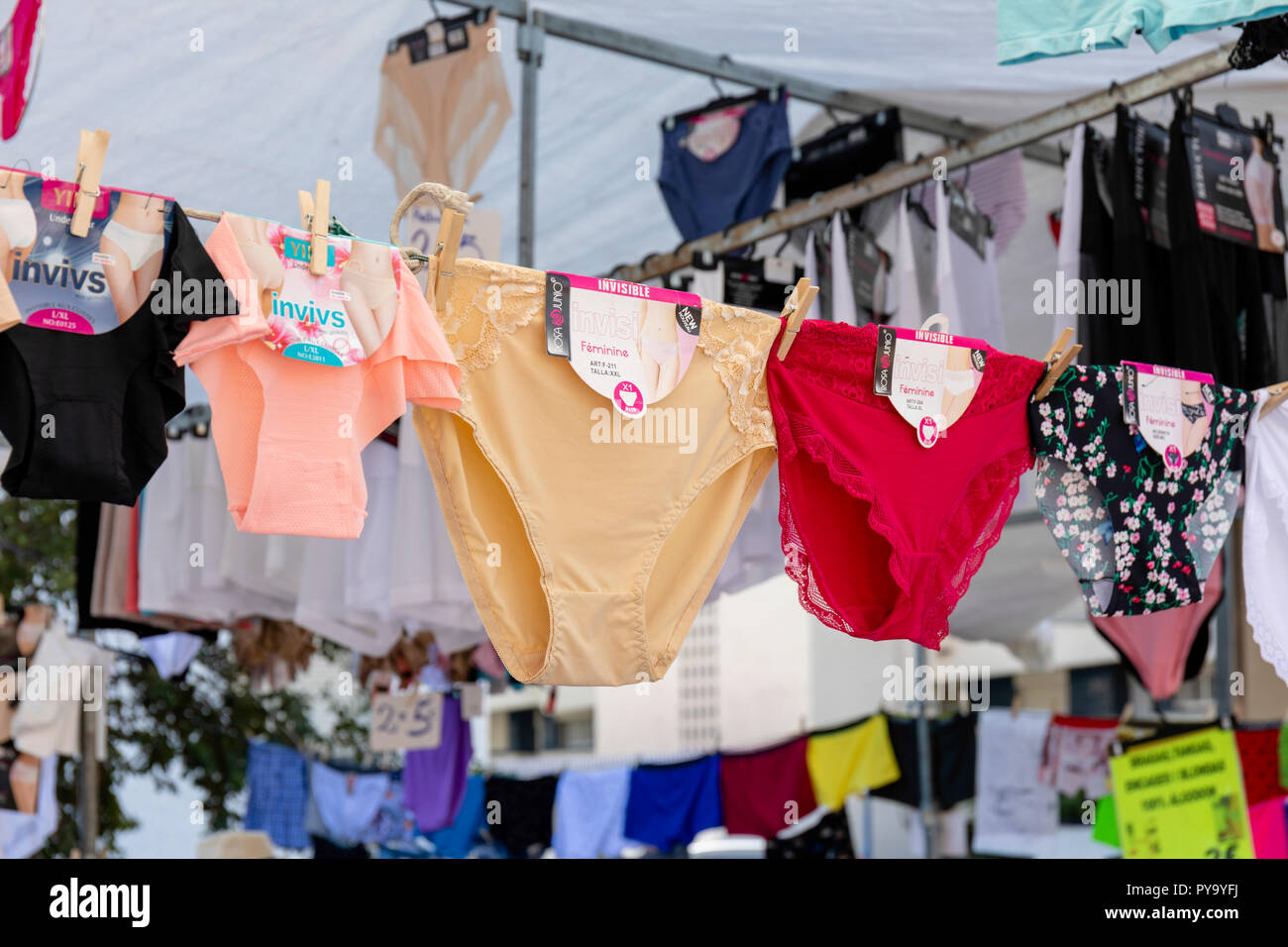 Market stall at L 'Estartit, Costa Brava specialising in selling women knickers and pants Stock Photo