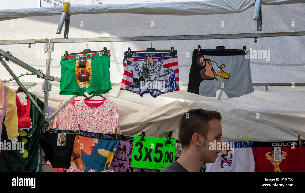 Crude Male Macho underpants for sale at a market in L @Estartit, Spain Stock Photo