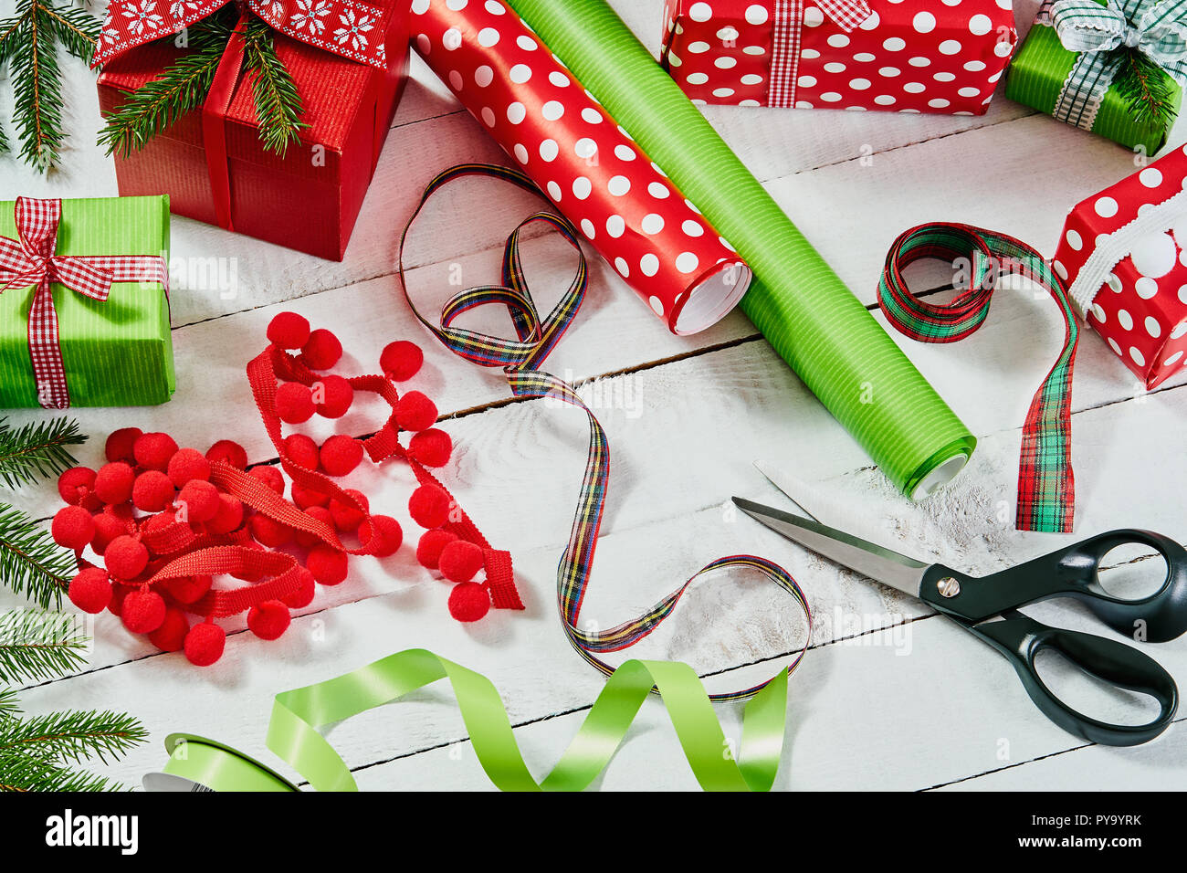 christmas present with wrapping paper scissors, Stock image