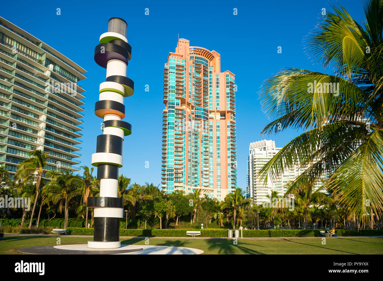 MIAMI - CIRCA SEPTEMBER, 2018: Obstinate Lighthouse, an installation by German artist Tobias Rehberger, stands amidst the condo towers at South Pointe Stock Photo