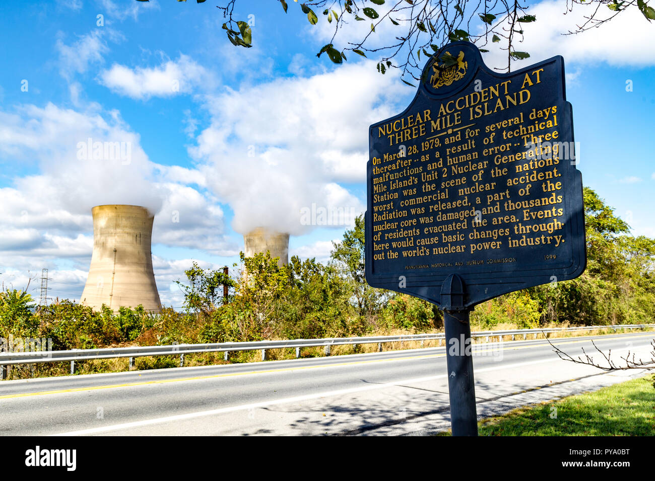 Middletown, PA, USA - October 21, 2018: Historic Marker near Three Mile Island Nuclear power generating station, commonly known as TMI. Stock Photo