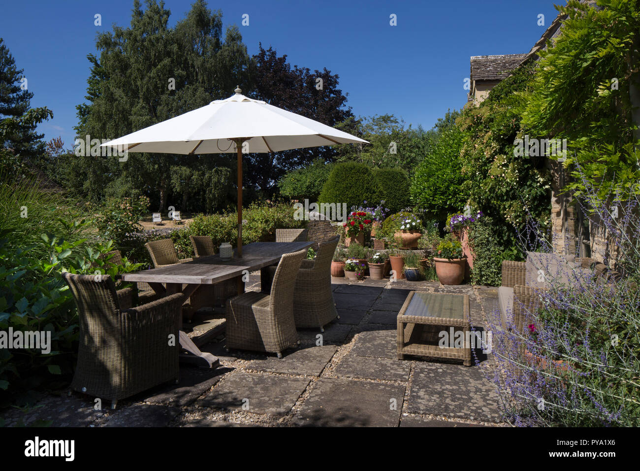 Patio and seating outdoor area in English Garden,England,Europe Stock
