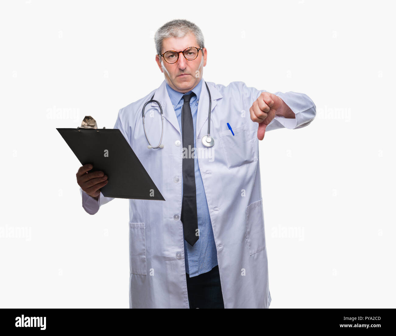 Handsome senior doctor man holding clipboard over isolated background ...