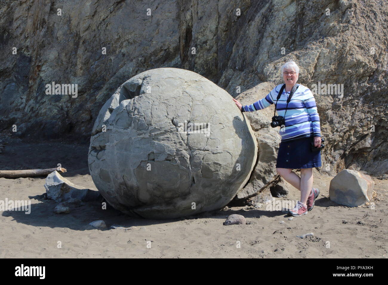 Female adult Tourist standing by a boulder at Moeraki, showing the size of each boulder Stock Photo