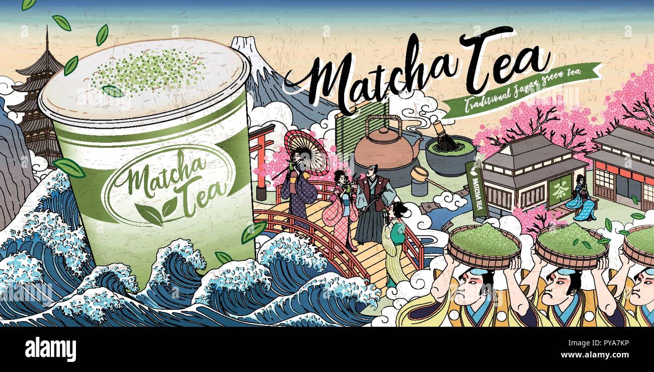 Ukiyo-e Matcha tea ads with giant takeaway cup floating upon ocean tides, tea word written in Japanese Kanji Stock Vector