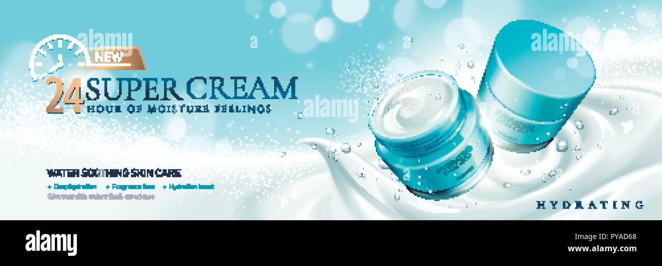 Hydrating super cream with creamy texture on glitter light blue background in 3d illustration Stock Vector