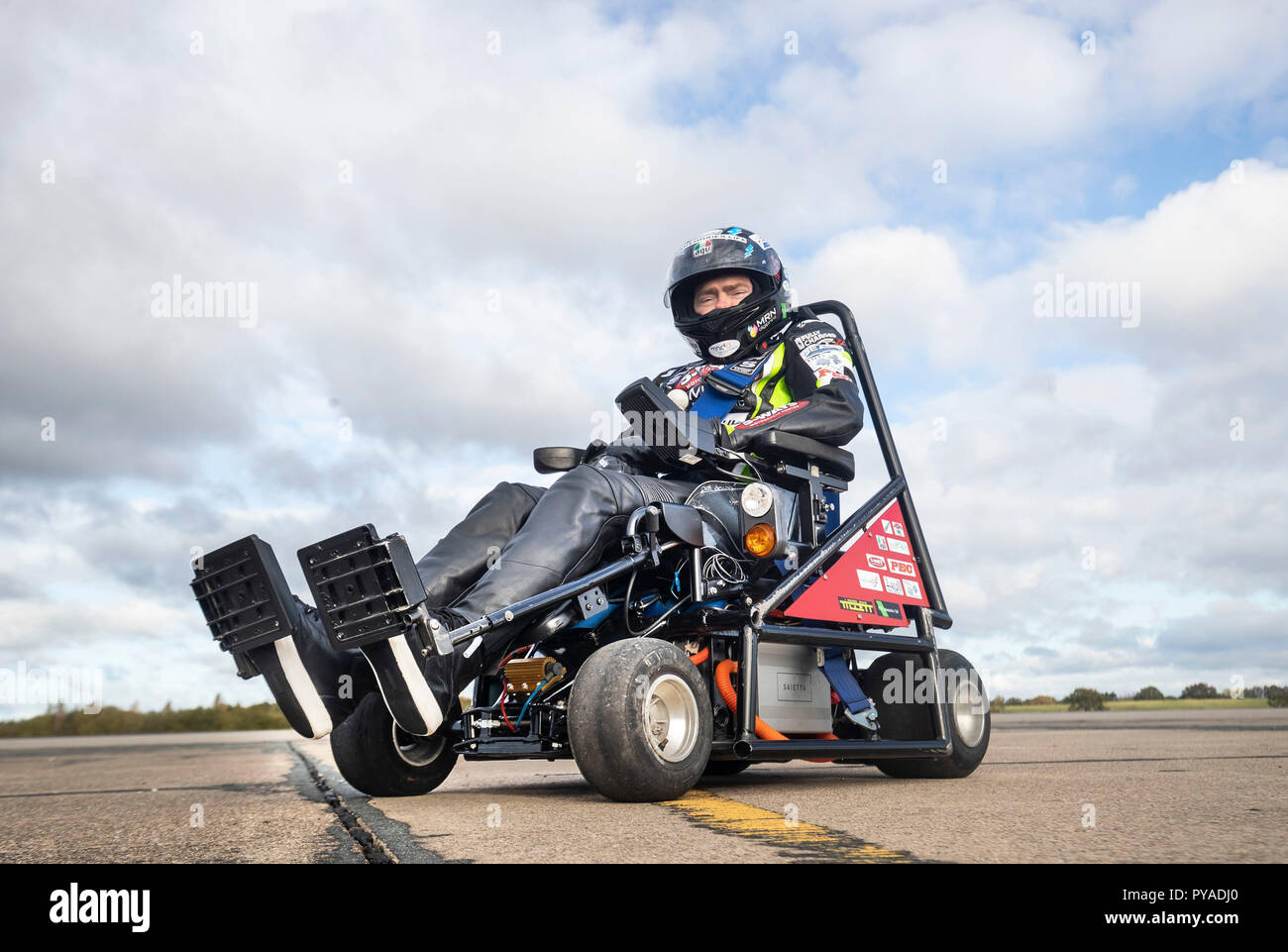 Jason Liversidge, who has Motor Neurone Disease, hopes to set world speed records in his purpose built electric wheelchair at Elvington Airfield in North Yorkshire. Stock Photo