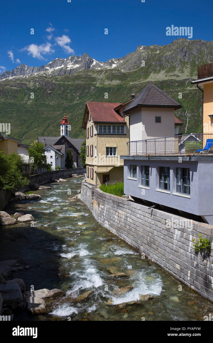 The Unteralpreuss river flowing through Andermatt, Switzerland Stock Photo