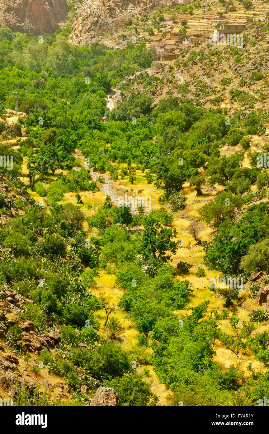 MOROCCO SOUS VALLEY RURAL SCENE HILLSIDE VILLAGE AND MOSQUE DRY RIVER
