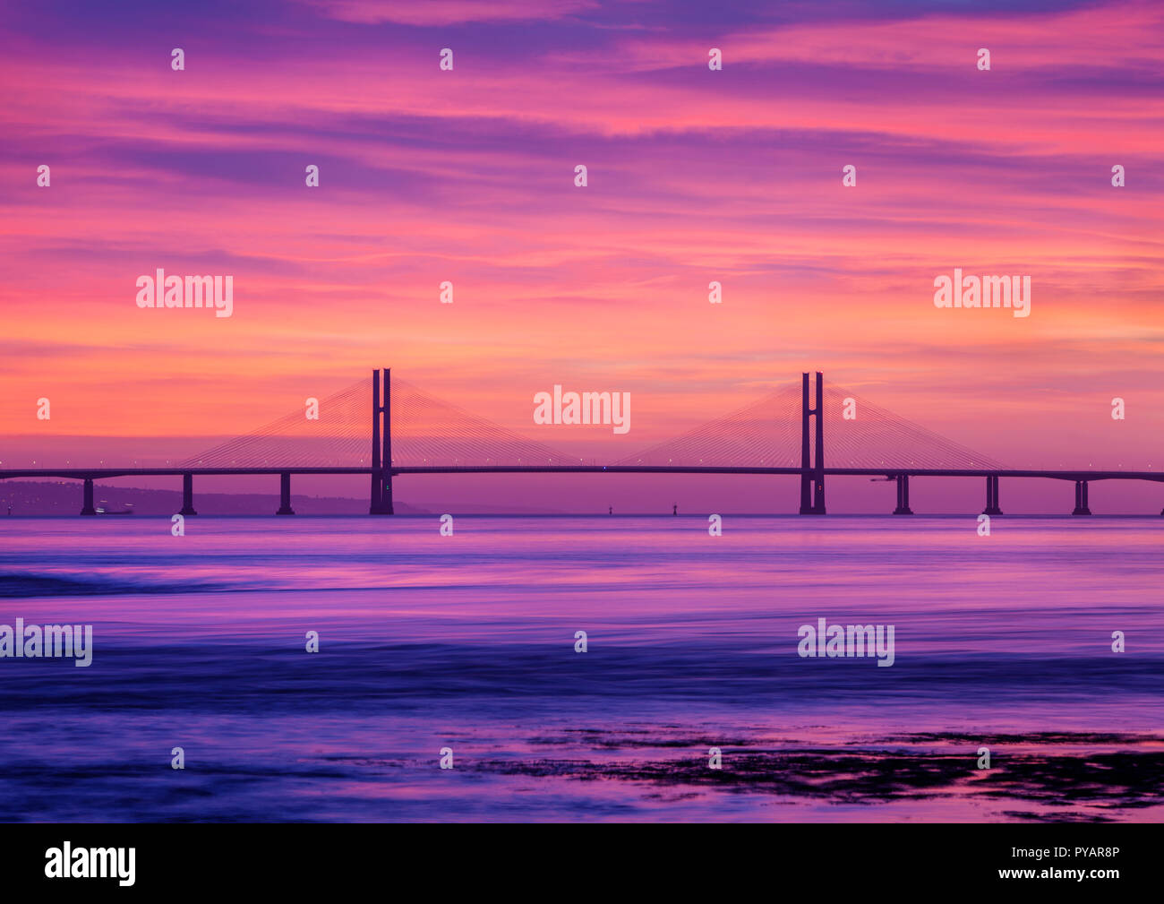Sunset over the Prince of Wales Bridge, formerly known as the New Severn Crossing. Stock Photo