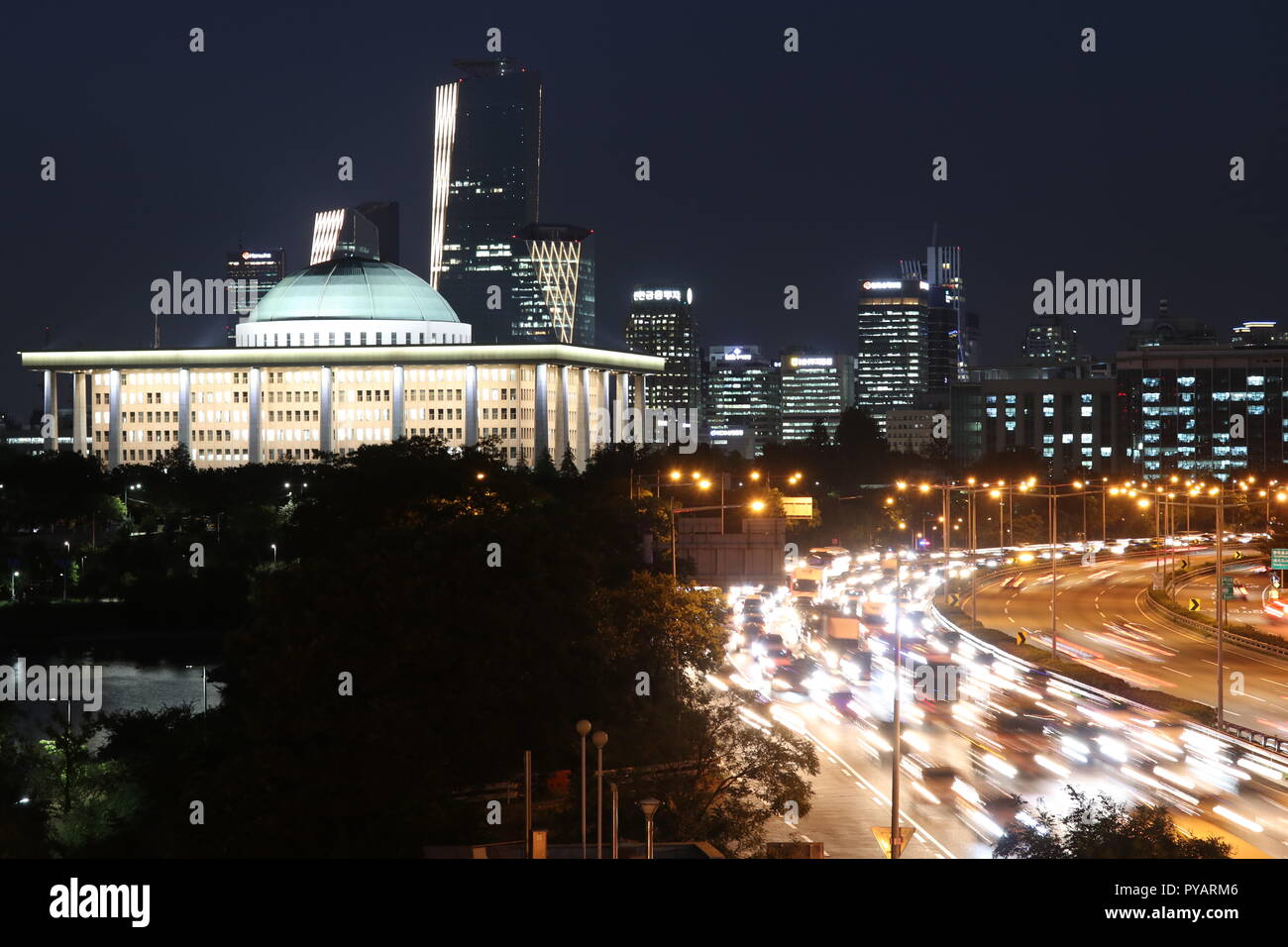 The National Assembly in Seoul at night in Korea Stock Photo