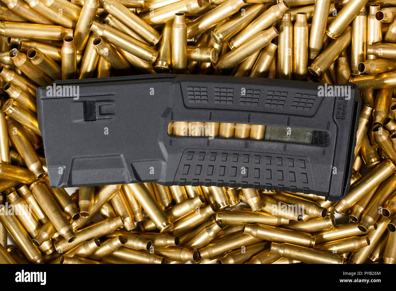 Ammunition and magazine background. Ammo, weapon concept. Stock Photo