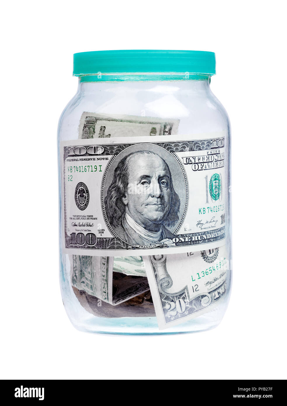 Dollars U.S. money in the jar isolated on white background. Stock Photo