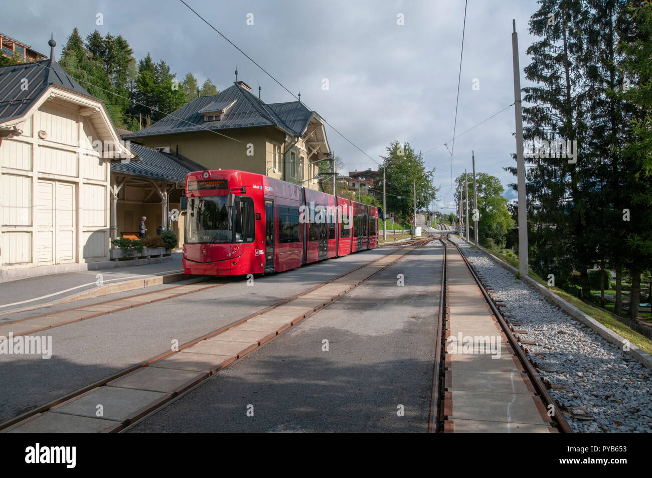 The tram station at Fulpmes, a village and a municipality in Stubaital, Tyrol, Austria. Stock Photo