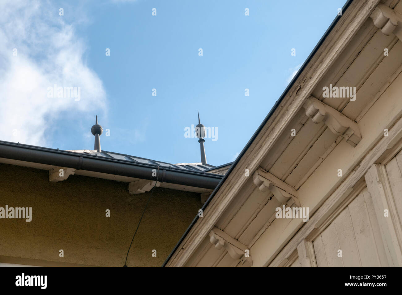 lightning rod on the roof of the tram station at Fulpmes, a village and a municipality in Stubaital, Tyrol, Austria. Stock Photo