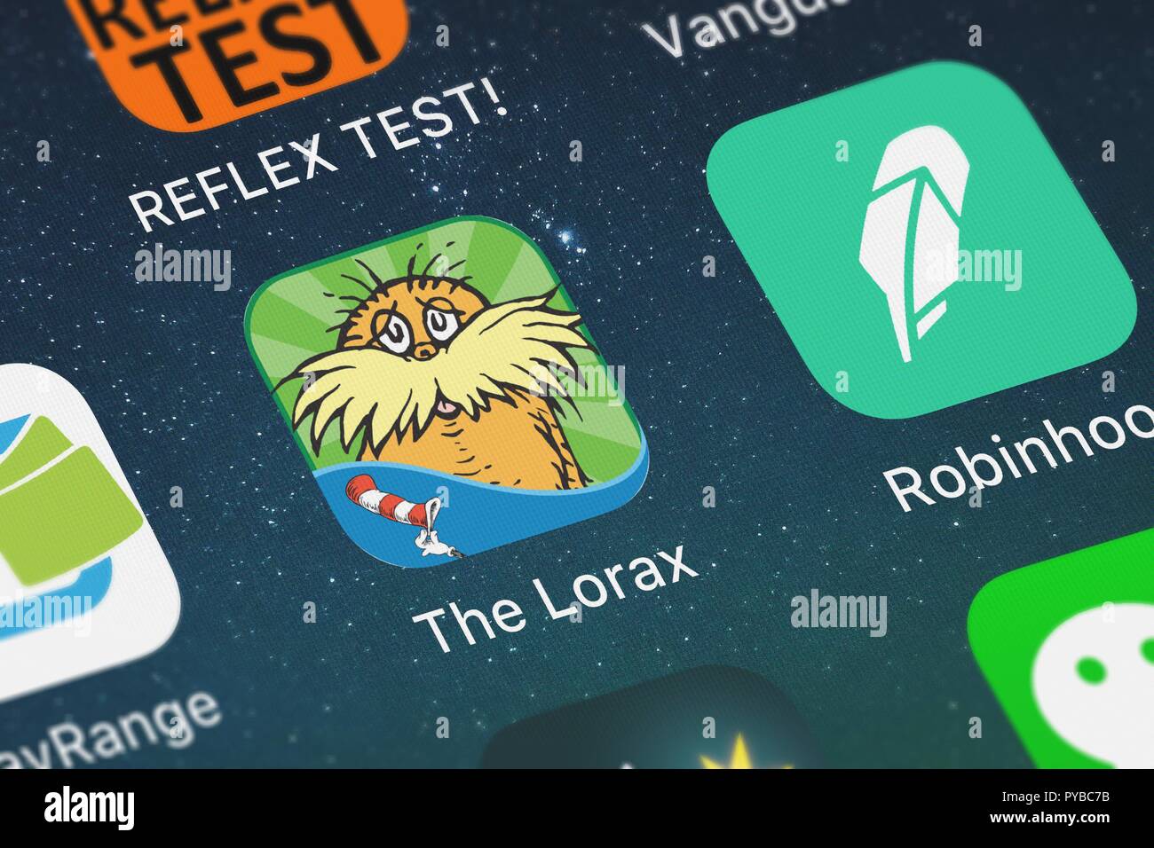 London, United Kingdom - October 26, 2018: Close-up of the The Lorax by Dr. Seuss icon from Oceanhouse Media on an iPhone. Stock Photo