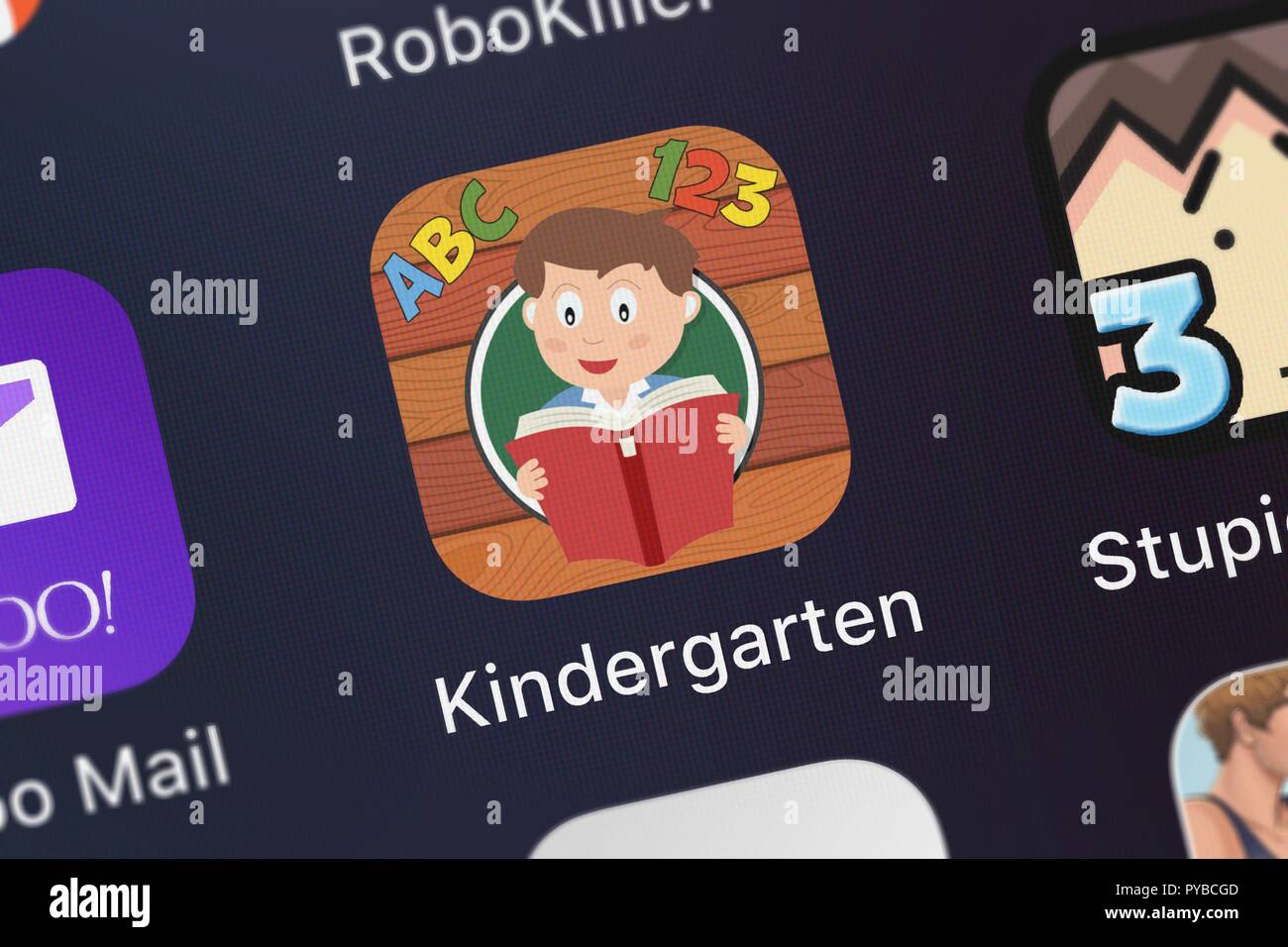 London, United Kingdom - October 26, 2018: Screenshot of the mobile app Kindergarten - Workbook from RosiMosi LLC. Stock Photo