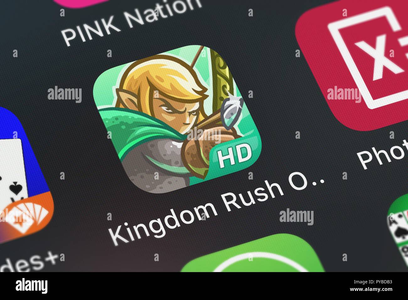 London, United Kingdom - October 26, 2018: Close-up shot of Ironhide S.A.'s popular app Kingdom Rush Origins HD. Stock Photo