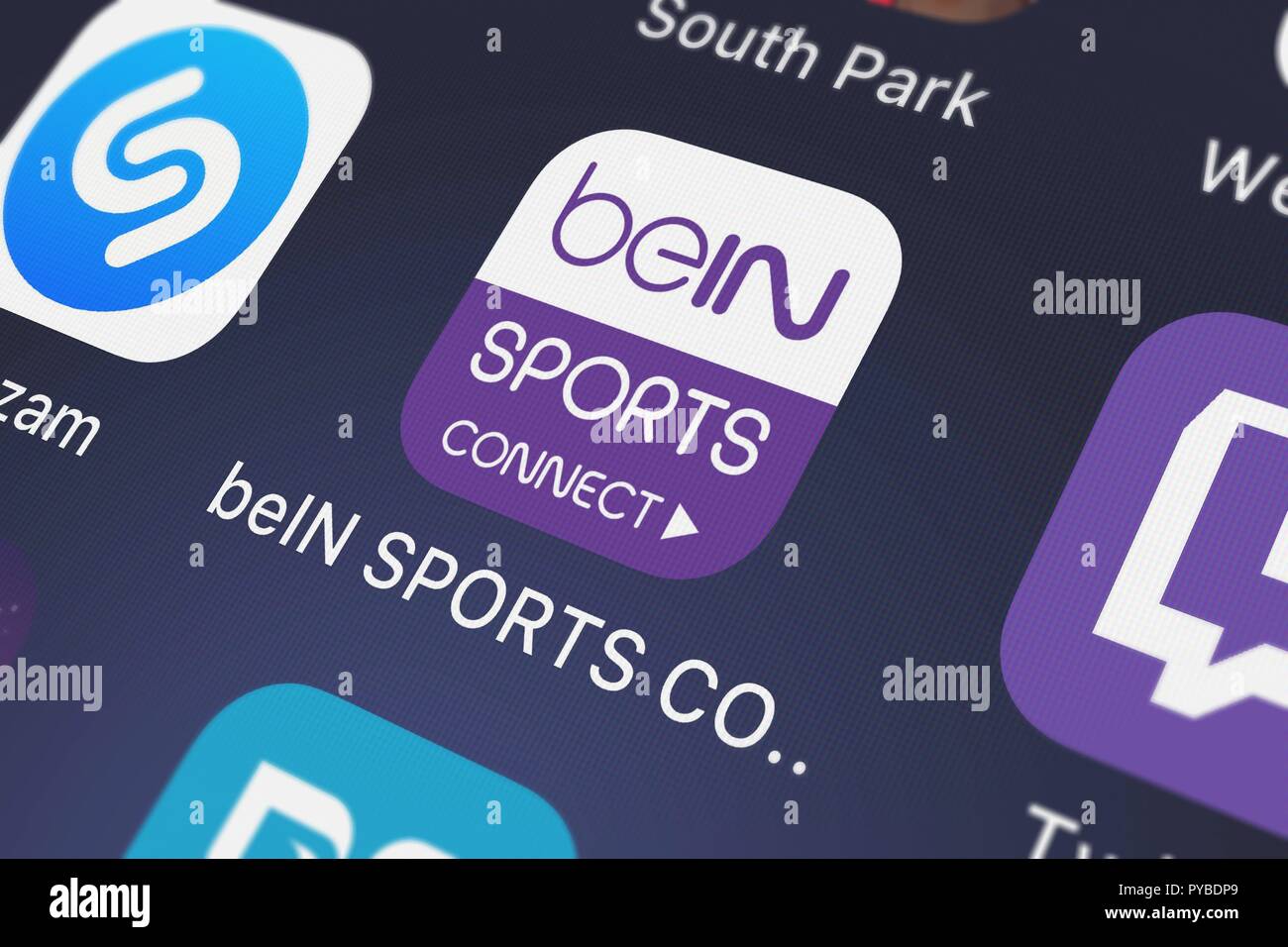 London, United Kingdom - October 26, 2018 Close-up shot of beIN Media Group, LLCs popular app beIN SPORTS CONNECT Stock Photo