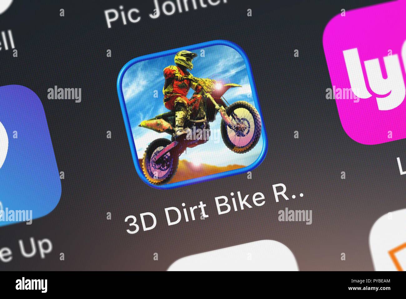 London, United Kingdom - October 26, 2018: Icon of the mobile app 3D Dirt Bike Running Mayhem Battle By Crazy Moto Rival Riding Street Racing Games Fr Stock Photo
