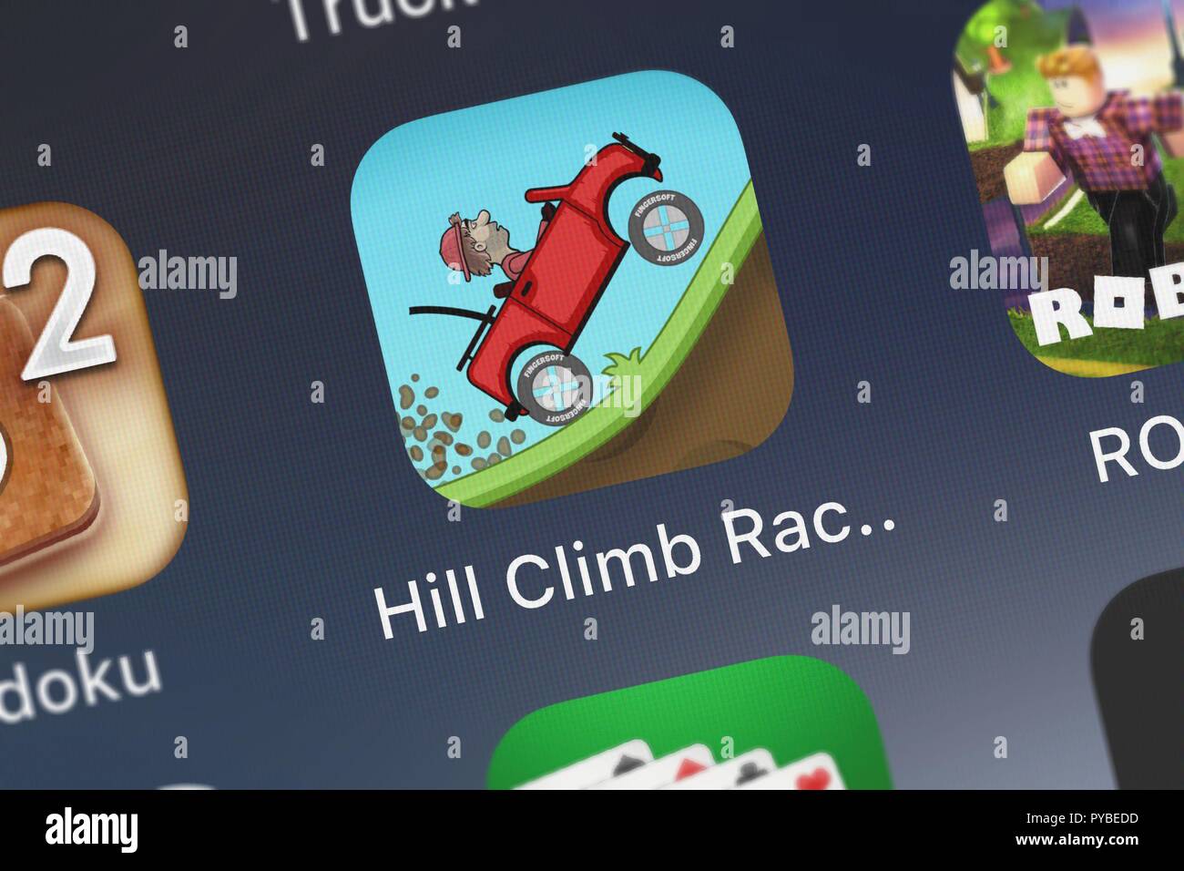 London, United Kingdom - October 26, 2018: Close-up shot of the Hill Climb  Racing 2 application icon from Fingersoft on an iPhone Stock Photo - Alamy