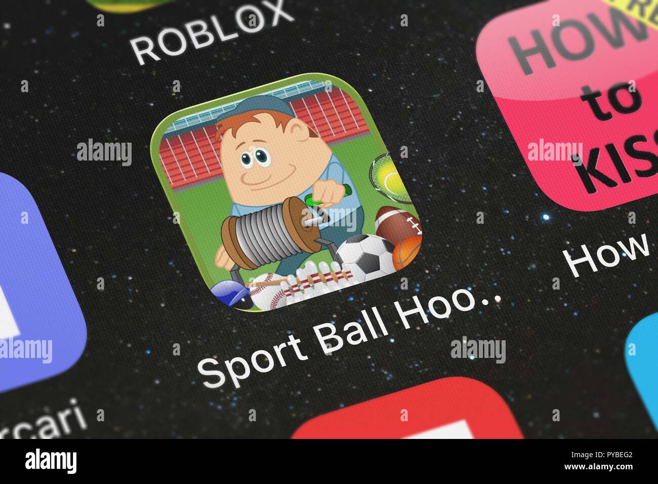 London, United Kingdom - October 26, 2018: The Sport Ball Hook Field Battle - Football Soccer  Tennis Toss Free mobile app from uTappz Mobile Developm Stock Photo