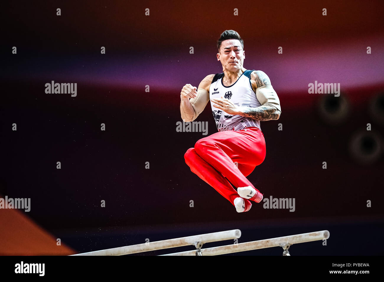 Doha, Qatar. 26th Oct 2018. October 26, 2018: Marcel Nguyen of Germany during Parallel Bars qualification at the Aspire Dome in Doha, Qatar, Artistic FIG Gymnastics World Championships. Ulrik Pedersen/CSM Credit: Cal Sport Media/Alamy Live News Stock Photo