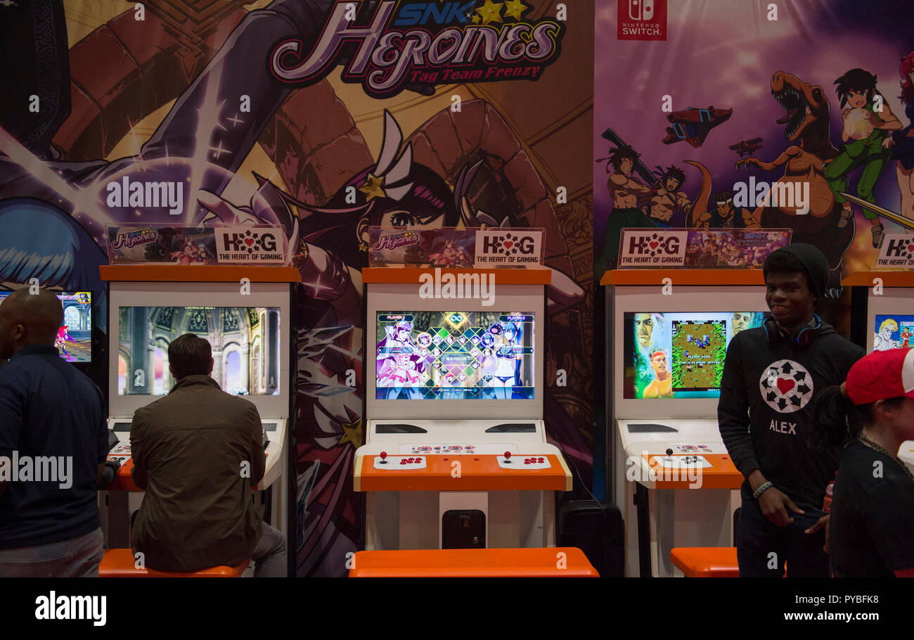 ExCel, London, UK. 26 October, 2018. Three day MCM Comic Con, comic book  and cosplay event, opens at ExCel with many visitors in elaborate cosplay  costume. The computer games companies present ther