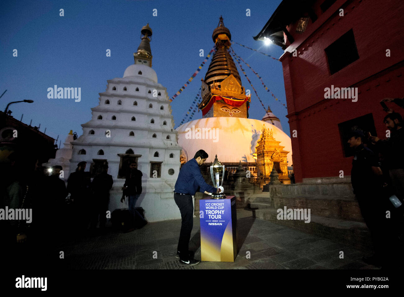 Kathmandu, Nepal. 26th Oct, 2018. An official puts the ICC (International Cricket Council) World Cup trophy as it has arrived for the ICC Cricket World Cup Trophy Tour at Swaymbhu in Kathmandu, Nepal, Oct. 26, 2018. Credit: Sunil Sharma/Xinhua/Alamy Live News Stock Photo