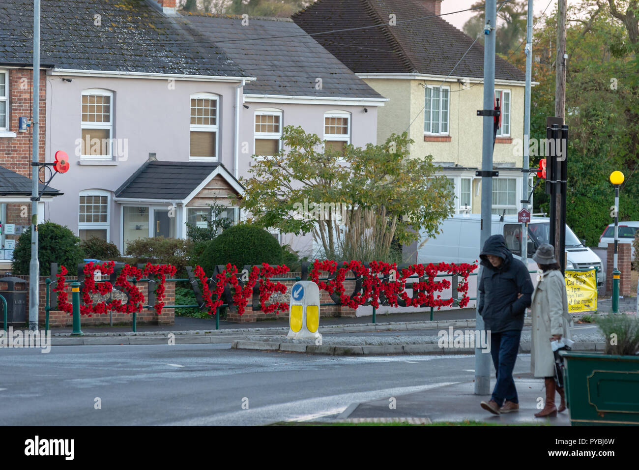 Amesbury, Wiltshire, UK. 26th Oct 2018. A floral poppy tribute by the local branch of British Legion has appeared on a roundabout in the centre of Amesbury, Wiltshire, the floral tribute spells out the words Lest We Forget. WW1 100 Years. Credit: Mark Clemas Photography/Alamy Live News Stock Photo