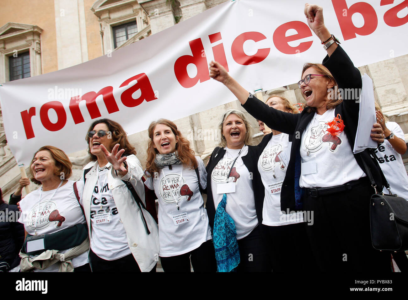 Rome, Italy. 27th Oct, 2018. Banner Rome says stop and the 6 women promoters of the demonstration Rome October 27th 2018. Campidoglio Square. Demonstration of roman citizens agains the mayor and against the deterioration and the huge problems that have been afflicting Rome during the last months, like garbage, carelessness and huge and dangerous holes in the streets. The sit-in was organized by 6 women that created the movement 'Rome says Stop'. Foto Samantha Zucchi Insidefoto Credit: insidefoto srl/Alamy Live News Stock Photo
