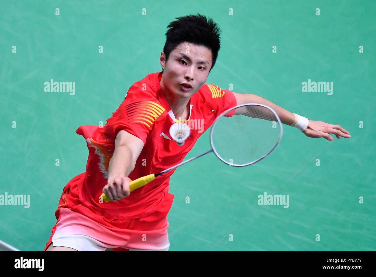 Paris. 27th Oct, 2018. Shi Yuqi of China competes during the mens singles semifinal against Rasmus Gemke of Denmark at 2018 Yonex French Open in Paris, France on Oct