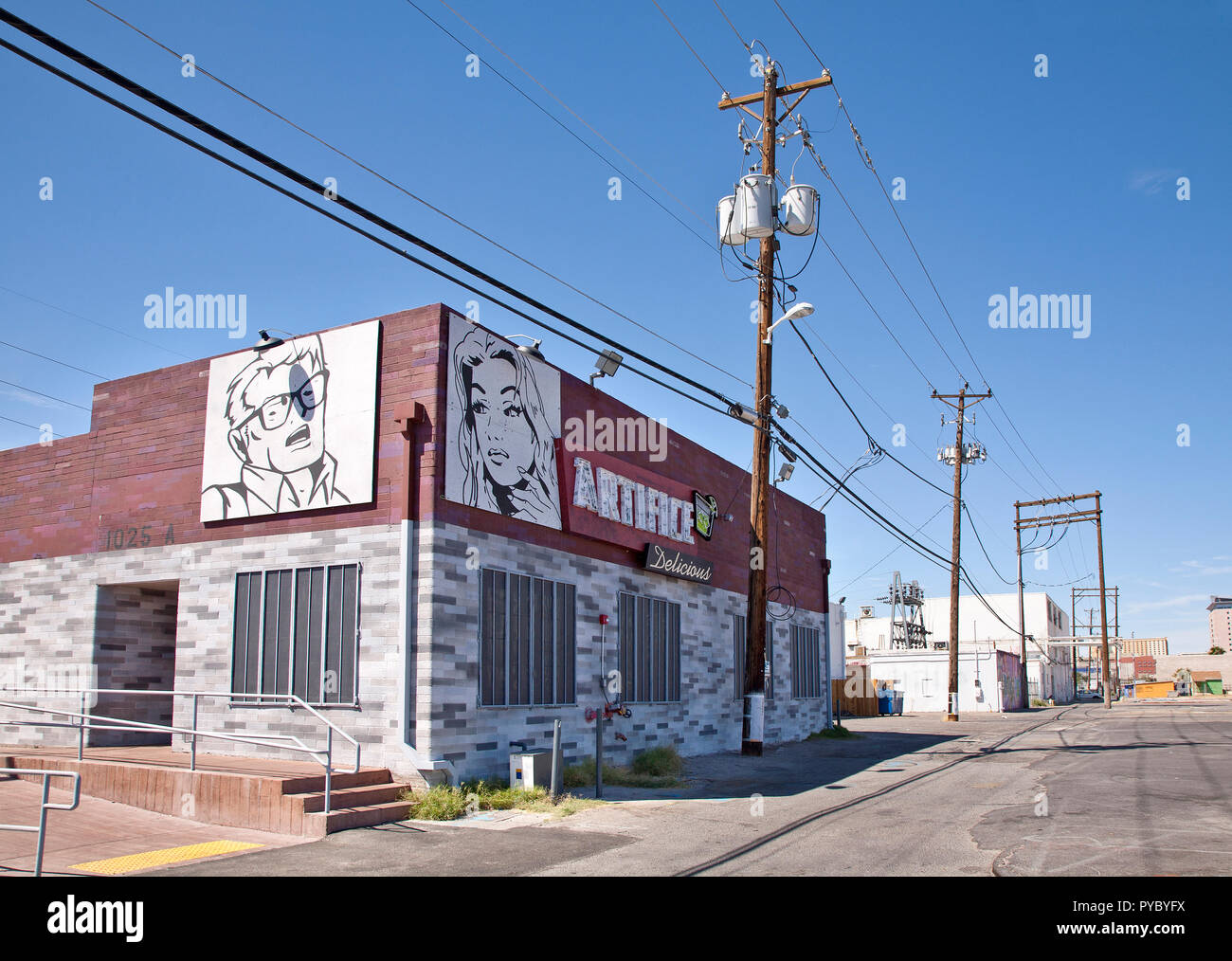 Urban downtown Las Vegas, 1st Street, graffiti, telephone cables, wires,  Diner Stock Photo - Alamy