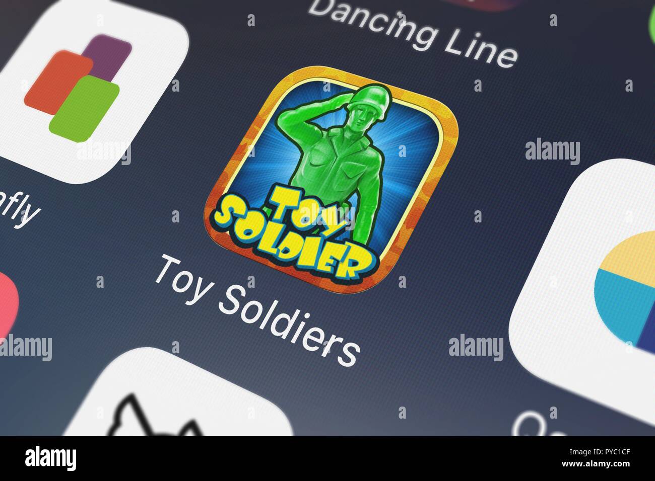 London, United Kingdom - October 26, 2018: Close-up of the Toy Soldiers - A Kids Play Soldier Story icon from Psycho Bear Studios on an iPhone. Stock Photo