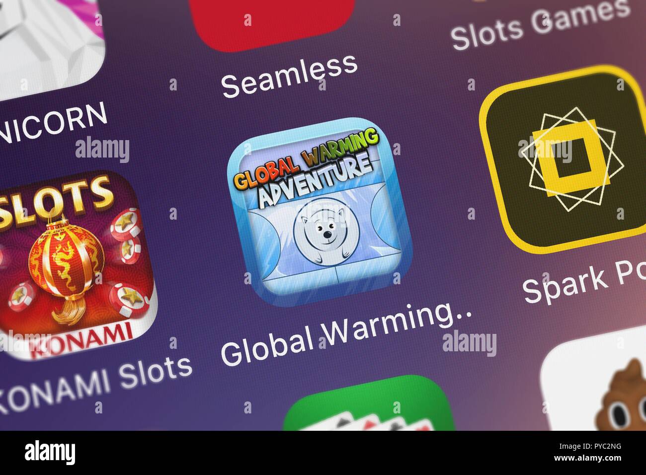 London, United Kingdom - October 26, 2018: The Global Warming Adventure Lite mobile app from Pop-ok.com on an iPhone screen. Stock Photo