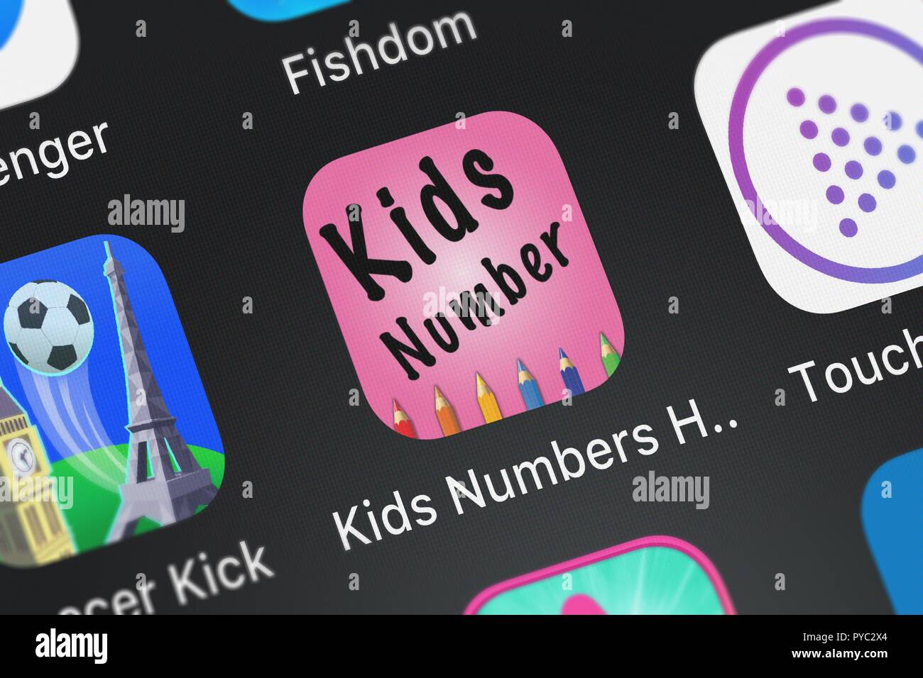 London, United Kingdom - October 26, 2018: Close-up shot of Pop-ok.com's popular app Kid's Numbers HD Lite. Stock Photo