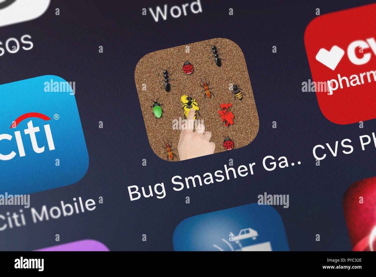 London, United Kingdom - October 26, 2018: Close-up of the Bug Smasher Game icon from Pop-ok.com on an iPhone. Stock Photo