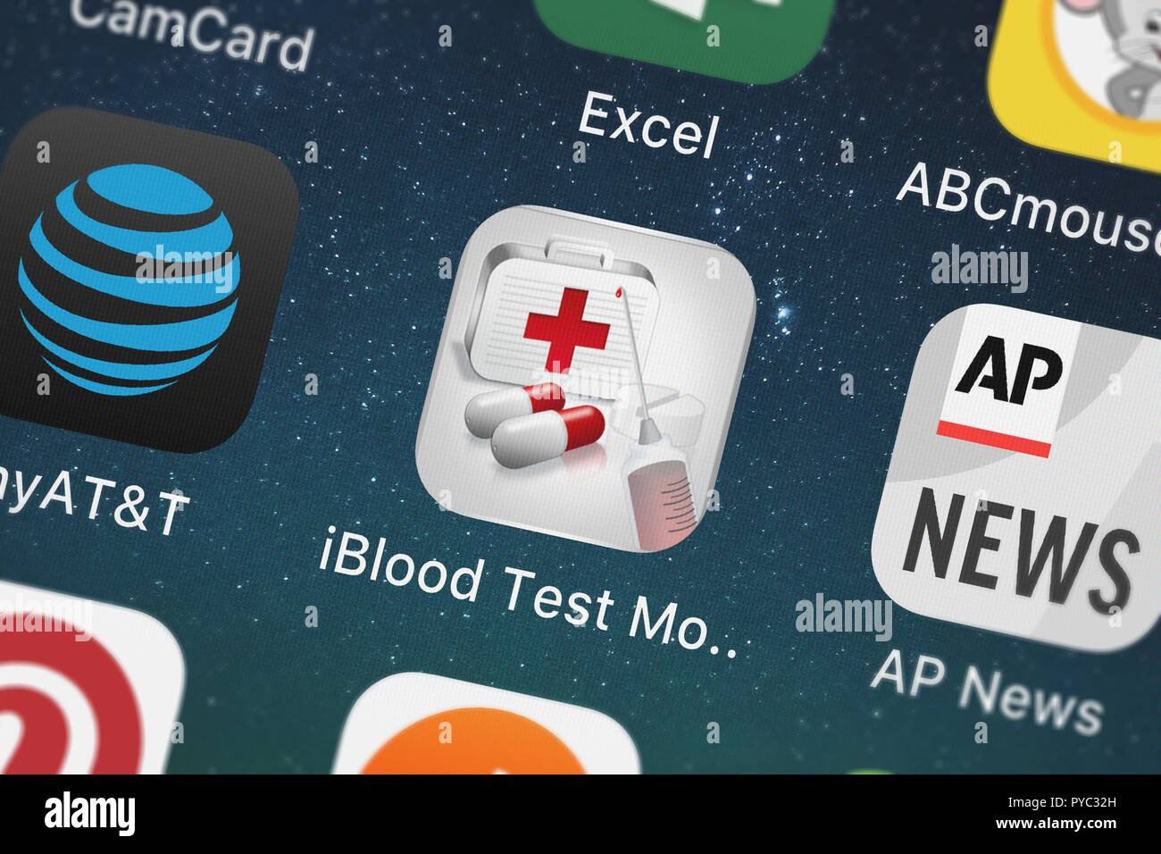 London, United Kingdom - October 26, 2018: Screenshot of the iBlood Test Monitor Lite mobile app from Pop-ok.com icon on an iPhone. Stock Photo