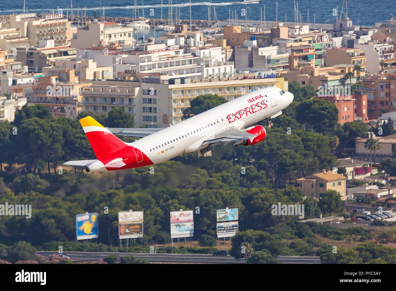 Palma de Mallorca, Spain - July 21, 2018: Aerial photo of an Iberia Express Airbus A320 airplane at Palma de Mallorca airport in Spain. | usage worldwide Stock Photo