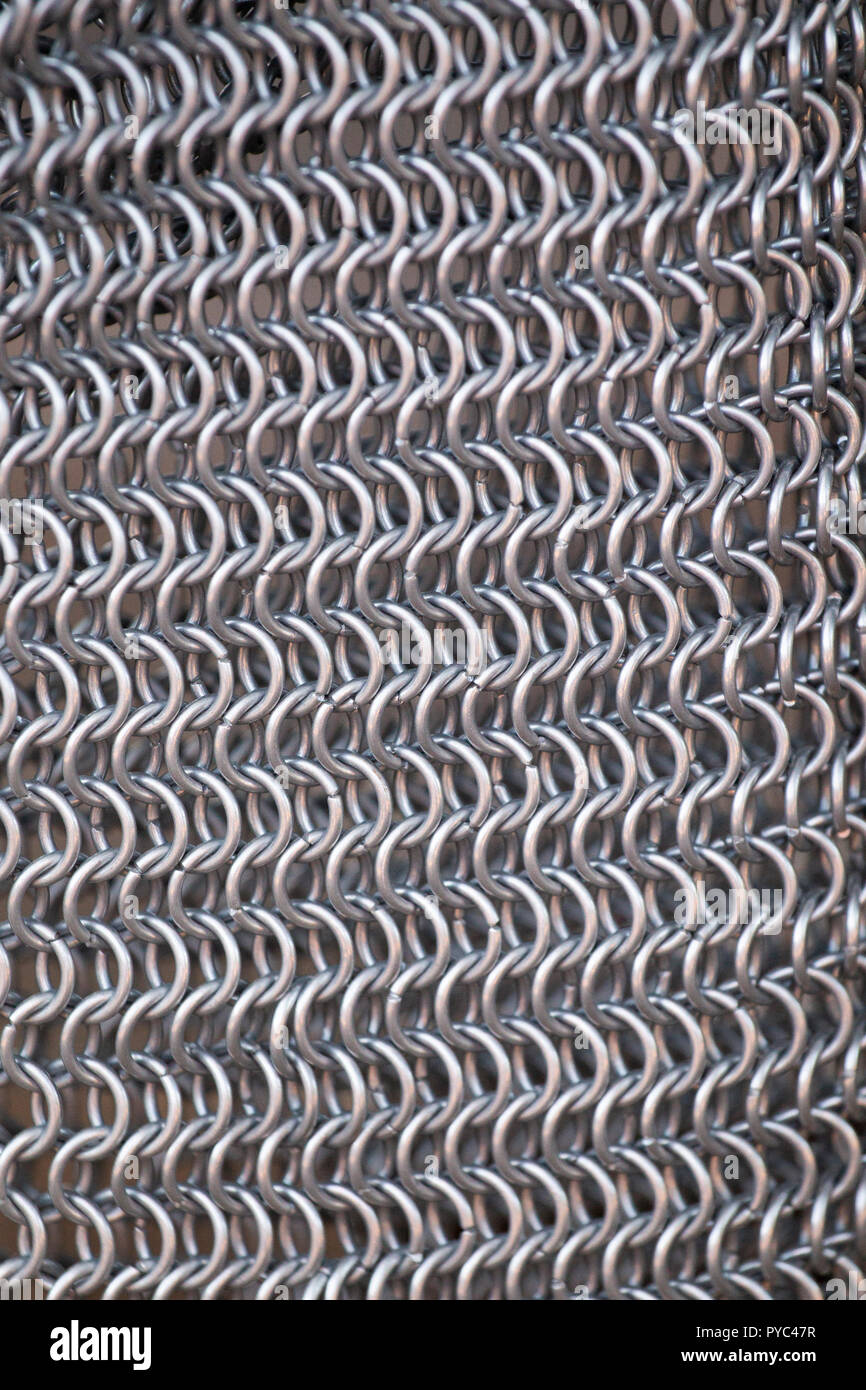 Close up view of Medieval chainmail for armor suits. Stock Photo