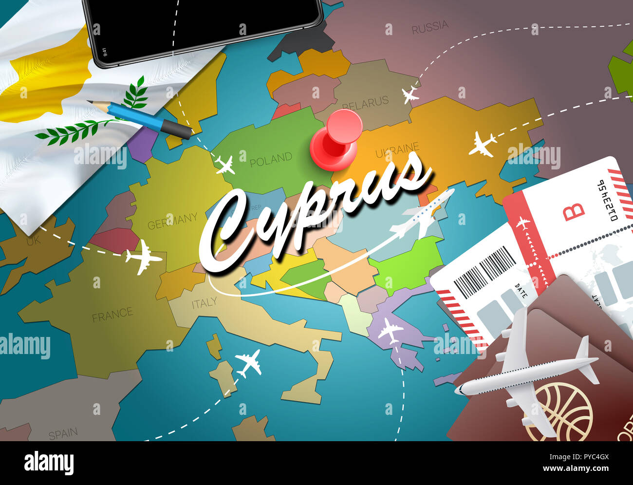 Cyprus travel concept map background with planes, tickets. Visit Cyprus