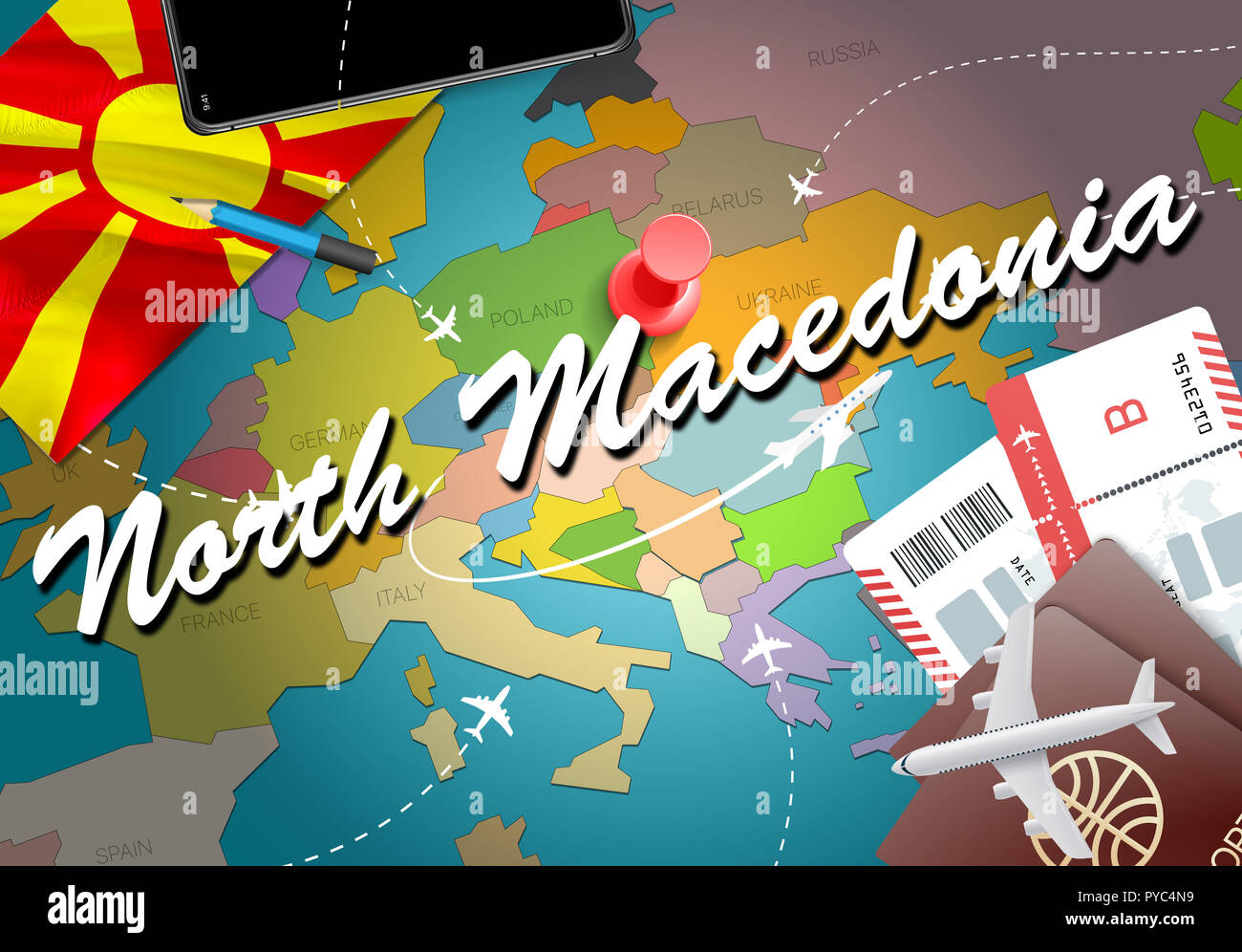 North Macedonia travel concept map background with planes, tickets
