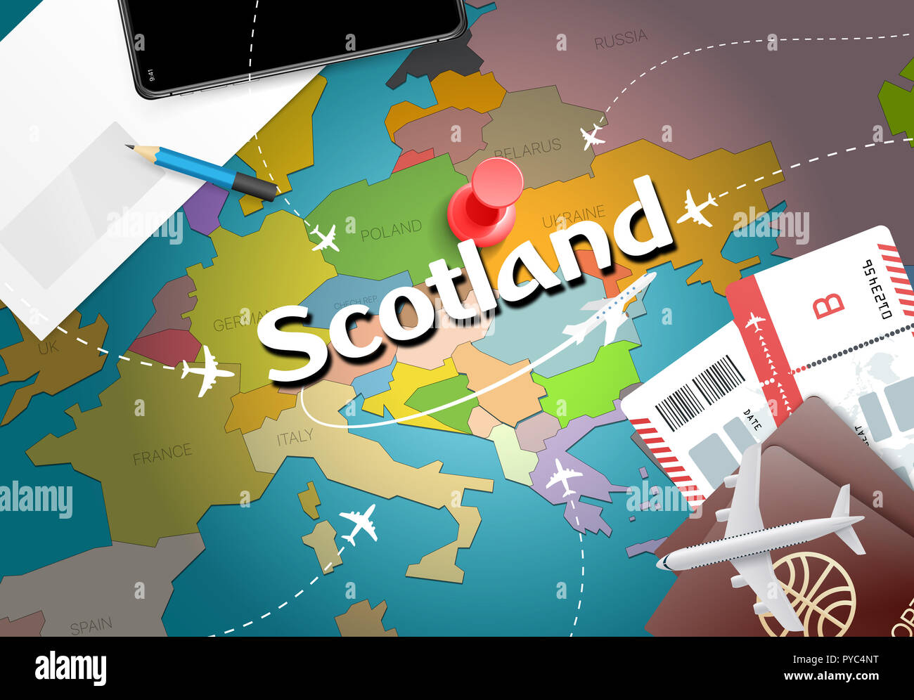 Scotland travel concept map background with planes,tickets. Visit Scotland  travel and tourism destination concept. Scotland flag on map. Planes and fl  Stock Photo - Alamy
