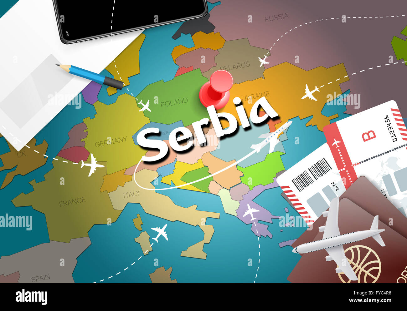 Serbia travel concept map background with planes,tickets. Visit Serbia travel and tourism destination concept. Serbia flag on map. Planes and flights  Stock Photo