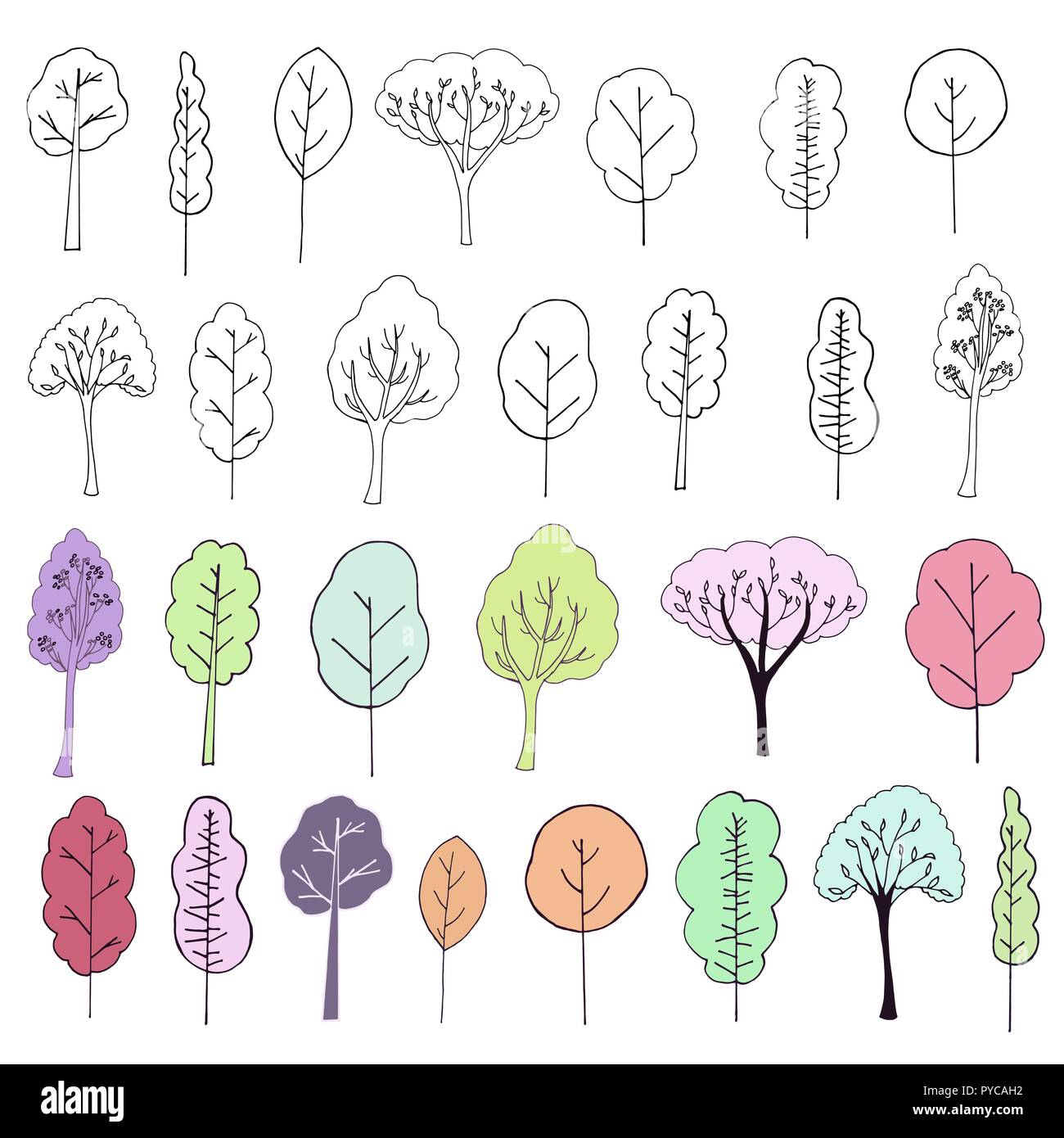 Set of hand drawn doodle style trees isolated on white background