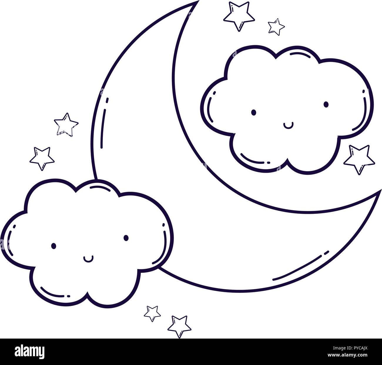 Cloud and moon cartoon in black and white Stock Vector Image & Art - Alamy