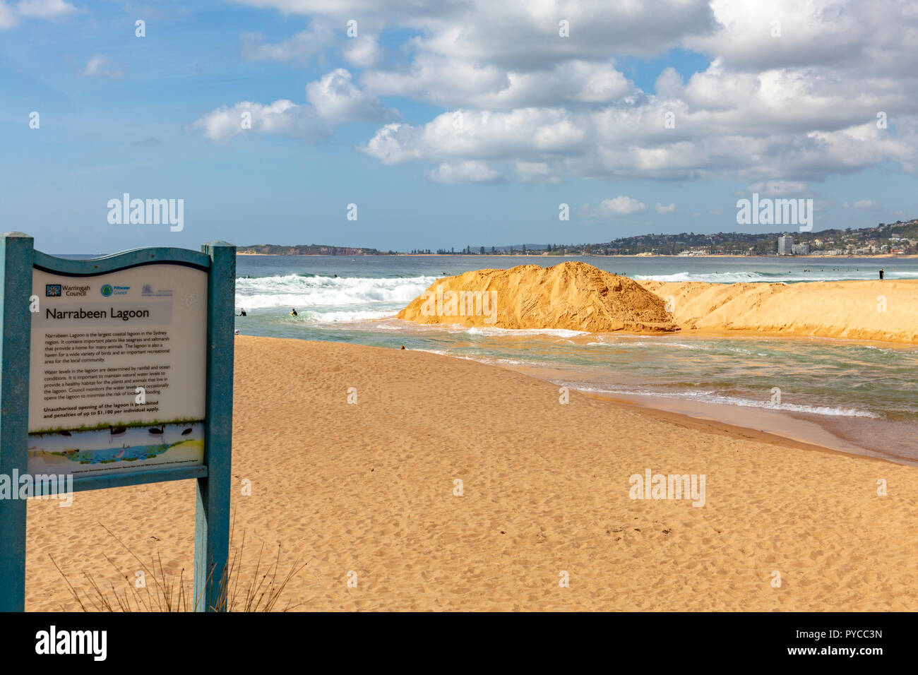 People on North Narrabeen beach beside narrabeen lagoon,Sydney,New South Wales,Australia Stock Photo