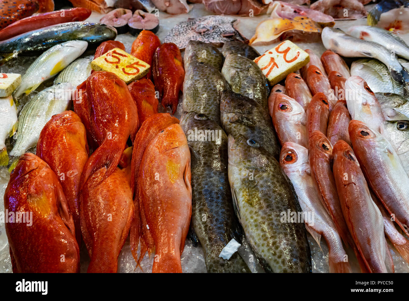 Fish on sale at a wet market in Hong Kong Stock Photo